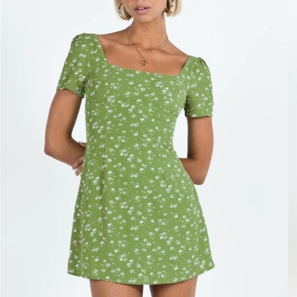 Green Floral Square-Neck Mini Dress